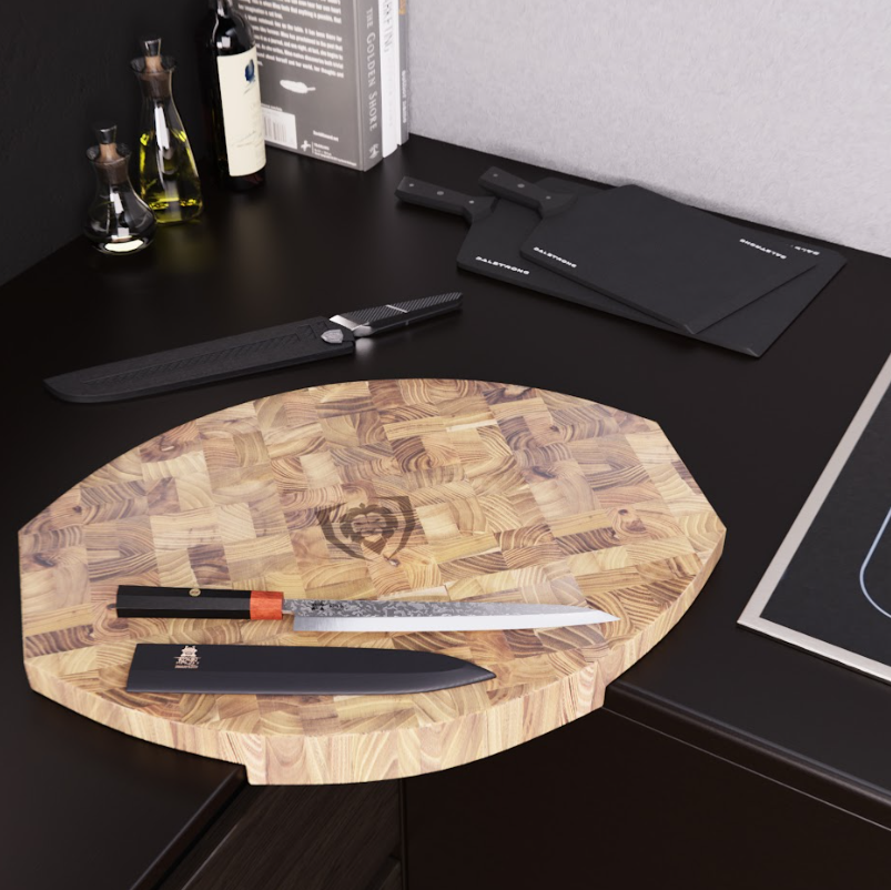 A photo of the Corner Cutting Board Natural Teak Wood Dalstrong with two Dalstrong knives and two Dalstrong fibre cutting boards.