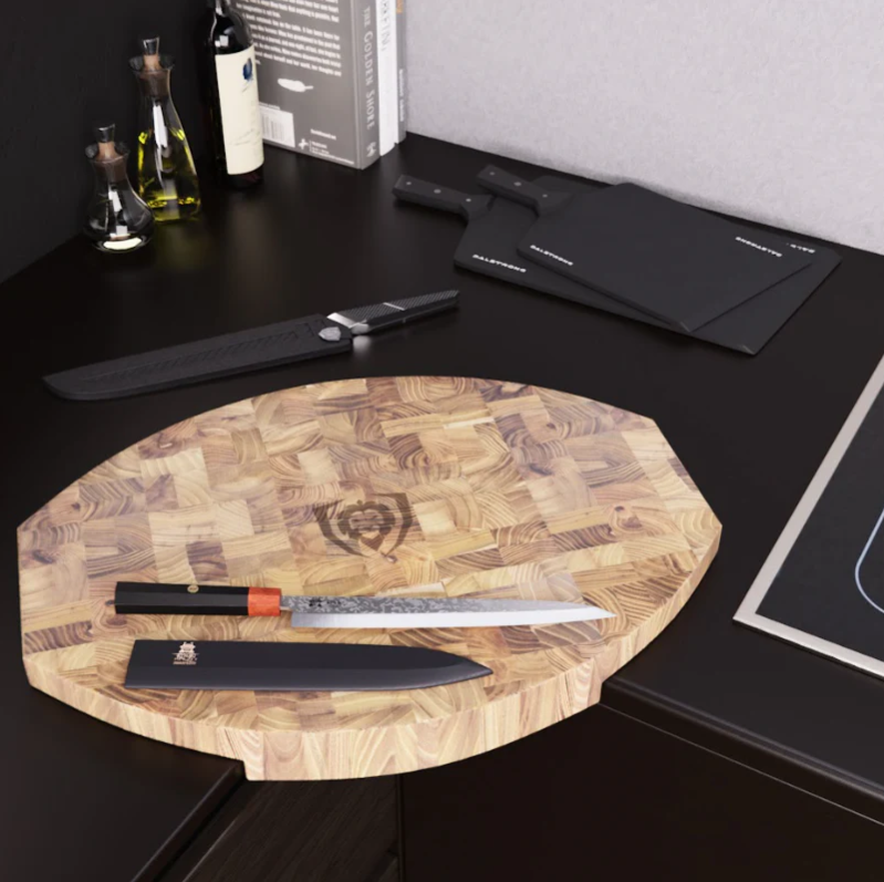 corner cutting board on black countertop