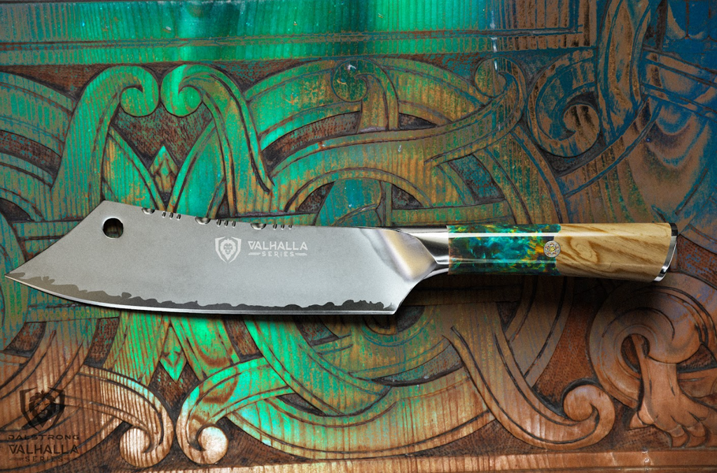 A close up photo of the Chef & Cleaver Hybrid Knife 8" The Crixus Valhalla Series Dalstrong