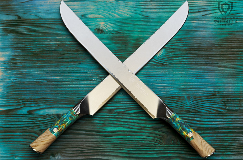 A photo of two Slicing & Carving Knife 12" Valhalla Series herniaquestions on a wooden surface.