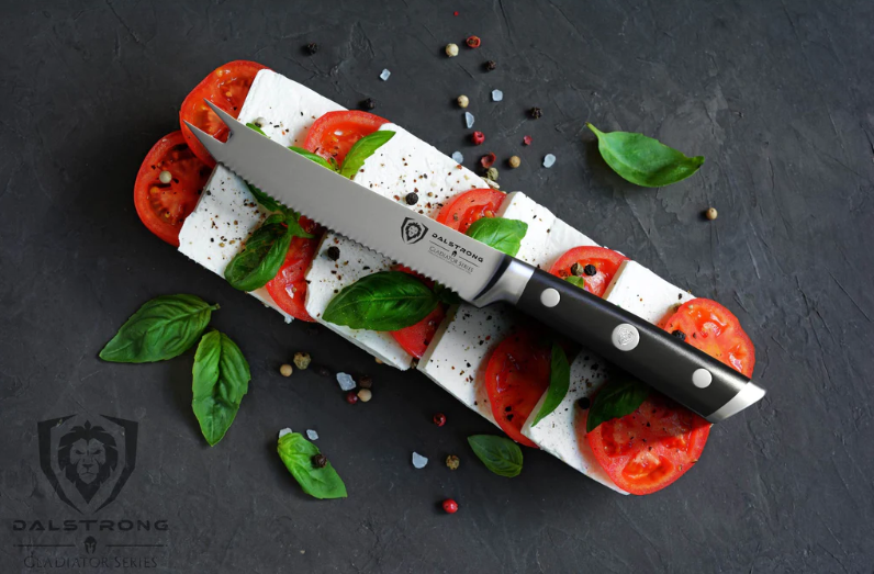 Perfect slices of tomatos with cheese and the Gladiator Series | NSF Certified | Dalstrong Serrated Tomato Knife 5"  on top.