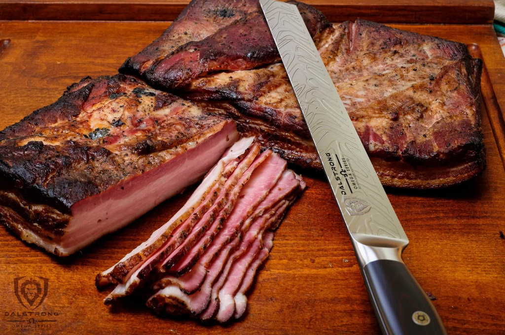 Slices of bacon with the Dalstrong Slicing & Carving Knife 12" Omega Series on top of a wooden board