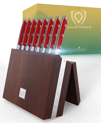 8-Piece Steak Knife Set Red ABS Handles with Storage Block Gladiator Series Knives NSF Certified Dalstrong