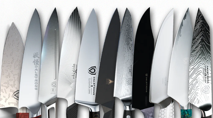 A photo of eleven Dalstrong knives in a white background