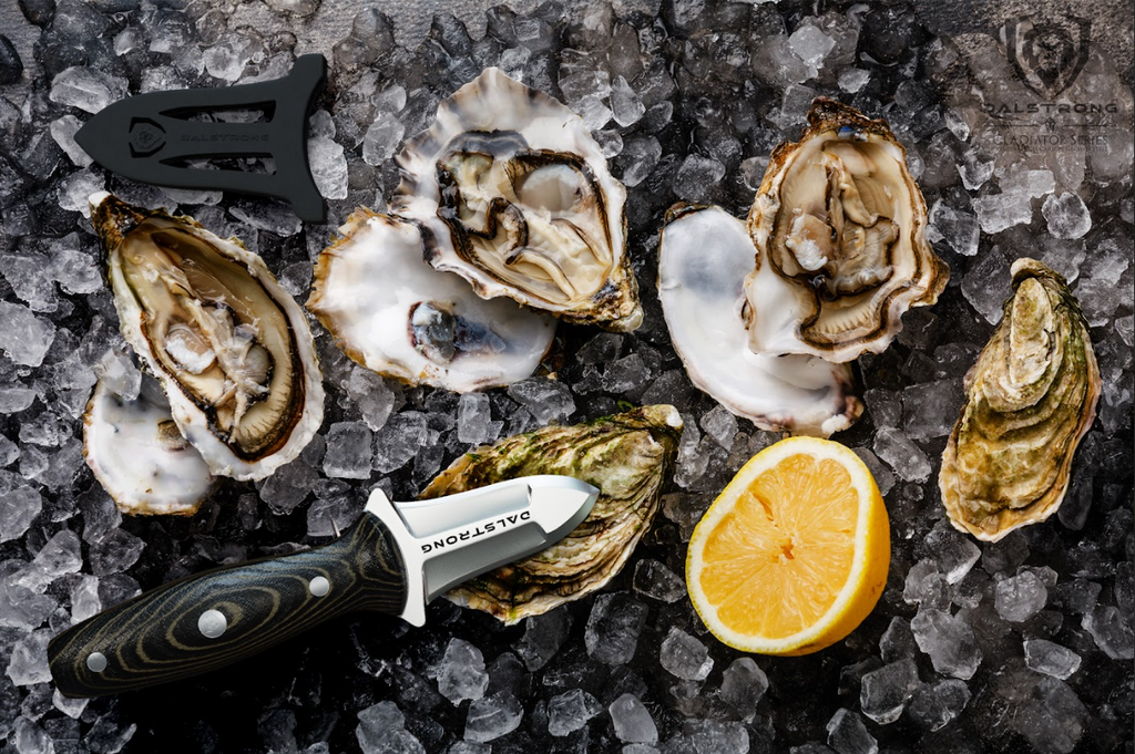 A photo of the Professional Shellfish & Oyster Shucking Knife 3" Gladiator Series | NSF Certified | Dalstrong with three shucked oysters