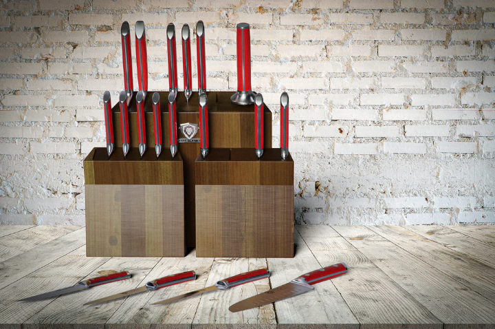 A photo of the 18-piece Colossal Knife Set with Block Red Handles | Gladiator Series | Knives NSF Certified | Dalstrong