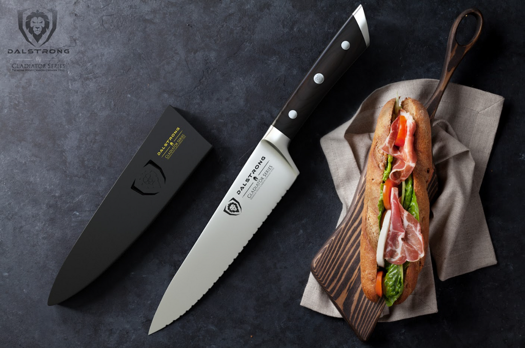 A photo of the Serrated Chef Knife 7.5" Gladiator Series | NSF Certified | Dalstrong with a sandwich beside.