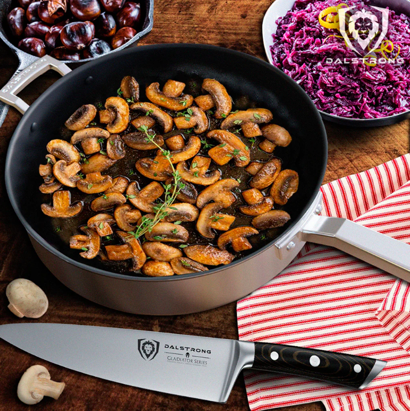 A photo of cooked mushrooms using the 12" Sauté Frying Pan Silver | Oberon Series | Dalstrong