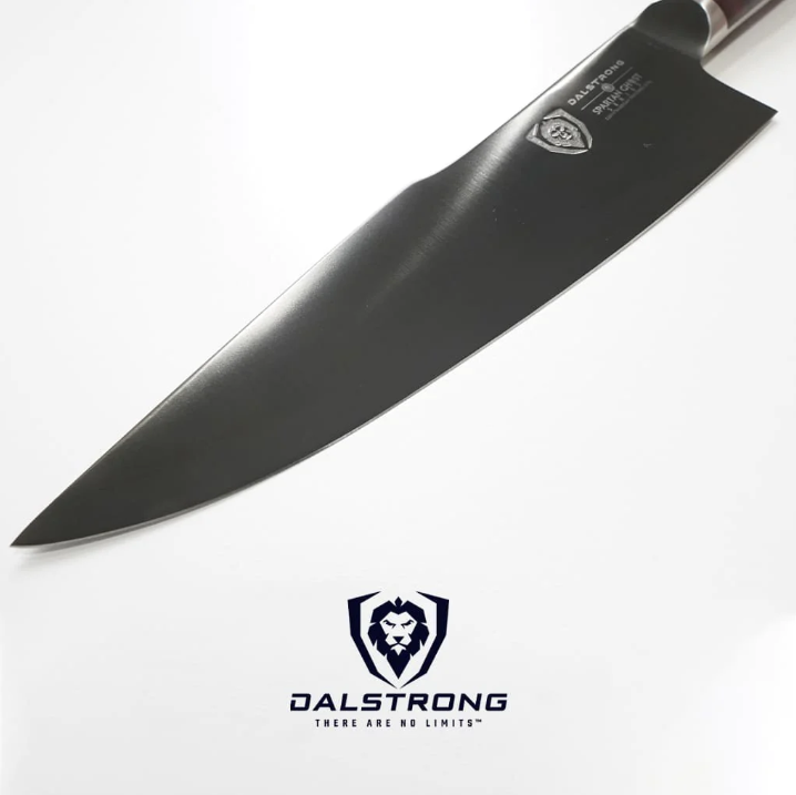 Close-up shot of the Dalstrong Spartan Ghost Chef Knife's blade on a white background.