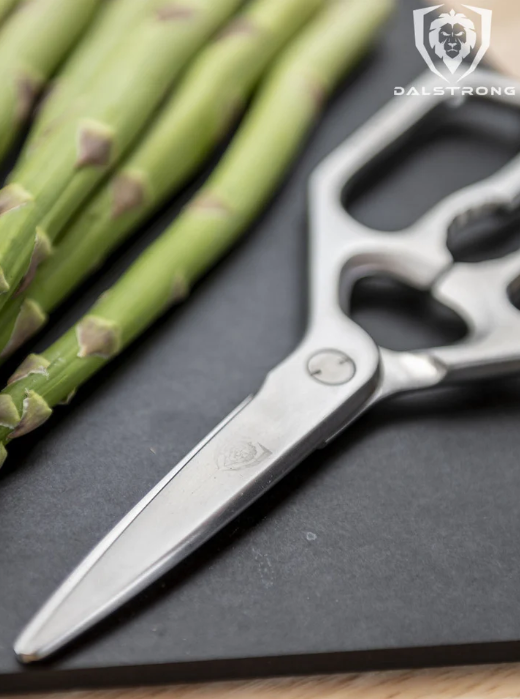 A close-up photo of the Professional Kitchen Scissors 420J2 Japanese Stainless Steel Dalstrong on a black surface