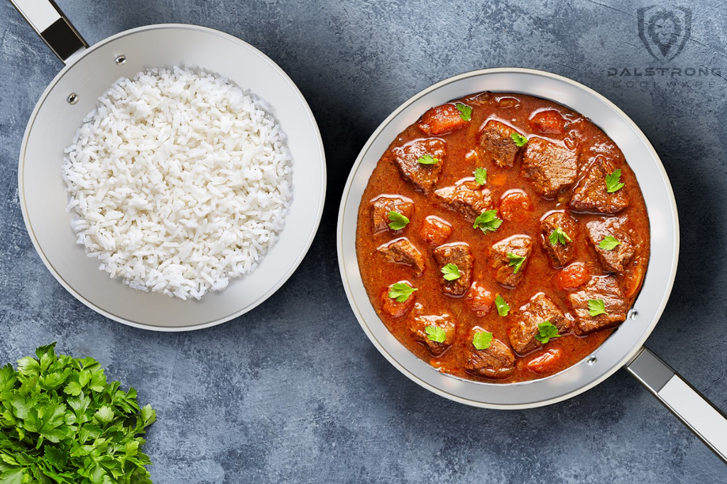 A photo of a rice cooked rice and delicious meal inside the 9" Frying Pan & Skillet Silver Oberon Series Dalstrong