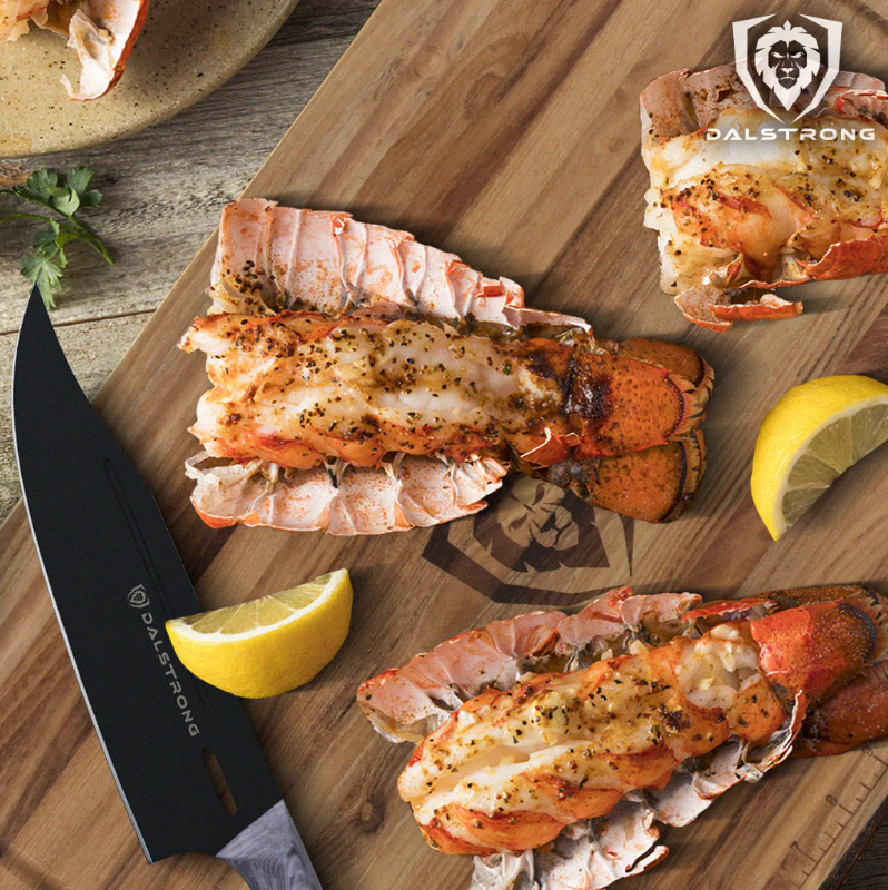 A photo of the Chef's Knife 8" Delta Wolf Series | Dalstrong with two grilled lobster tail.