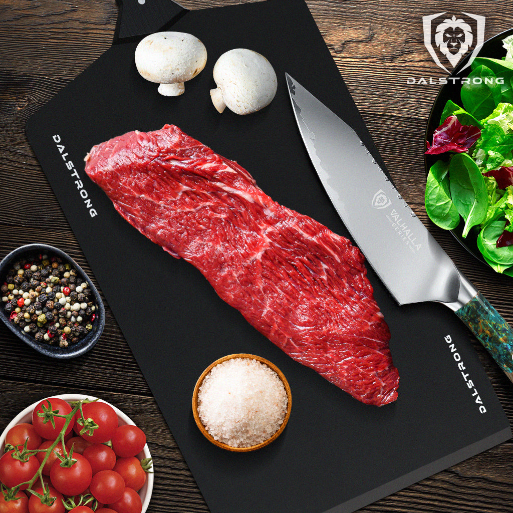 Raw Sirloin Tip Steak on Dalstrong Cutting Board with Valhalla Series Knife