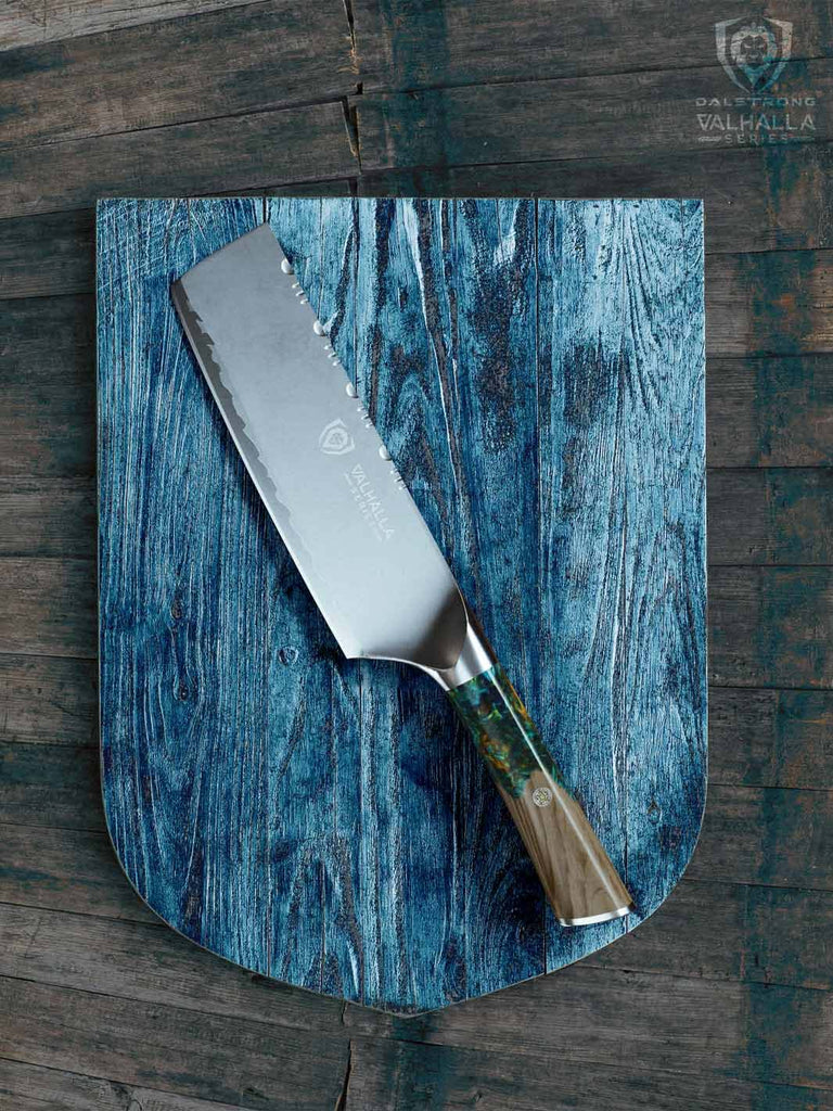 Nakiri Knife 7" | Valhalla Series on top of a wooden board.