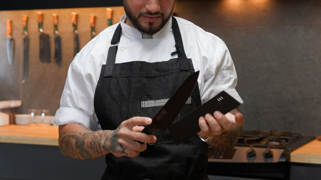 A man holding the Dalstrong Shadow Black Series Chef's Knife 8" with it's black sheath.