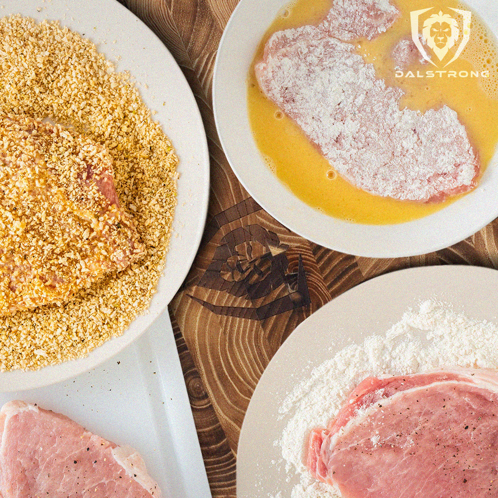 Raw ingredients to make breaded pork chops