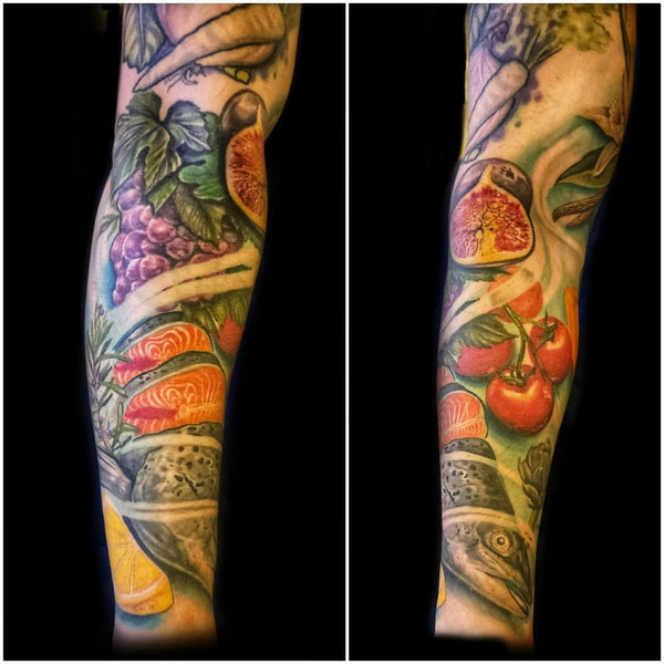 A split screen image showing different angles of a food inspired tattoo arm sleeve