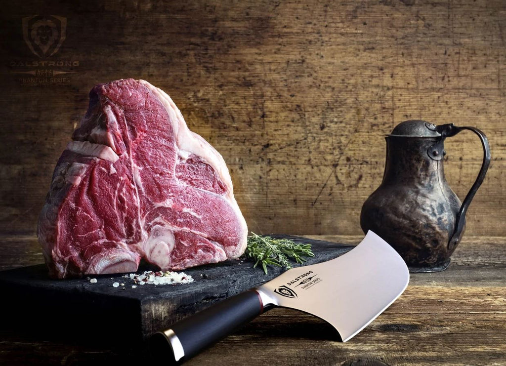 The Banshee next to a big chunk of meat on top of a wooden table