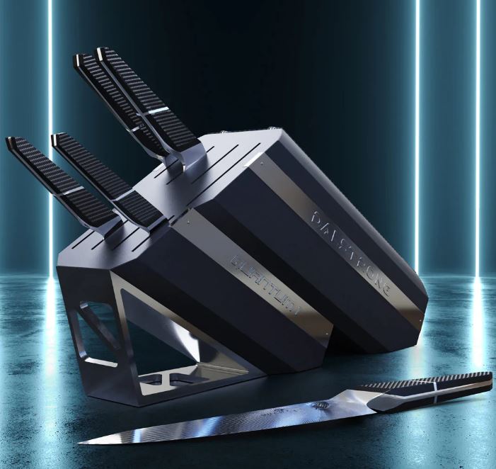 This stunning Dalstrong Quantum 1 Series 5-Piece Knife Block Set placed on a futuristic set with lights in the background.