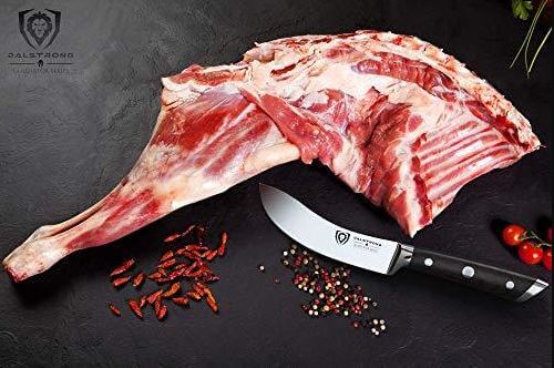 Dalstrong gladiator skinning knife next to a huge slice of meat