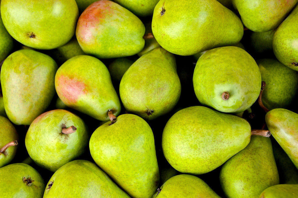 Close-up photos of green pears