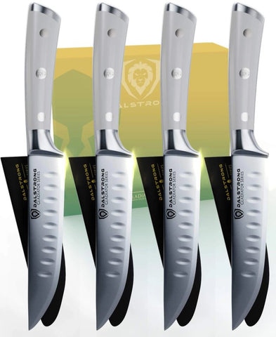 DALSTRONG Steak Knives - Set of 4 - 5 Serrated-Edge Blade - Gladiator  Series - Forged German ThyssenKrupp HC Steel - Black G10 Garolite Handle -  Sheaths Included 