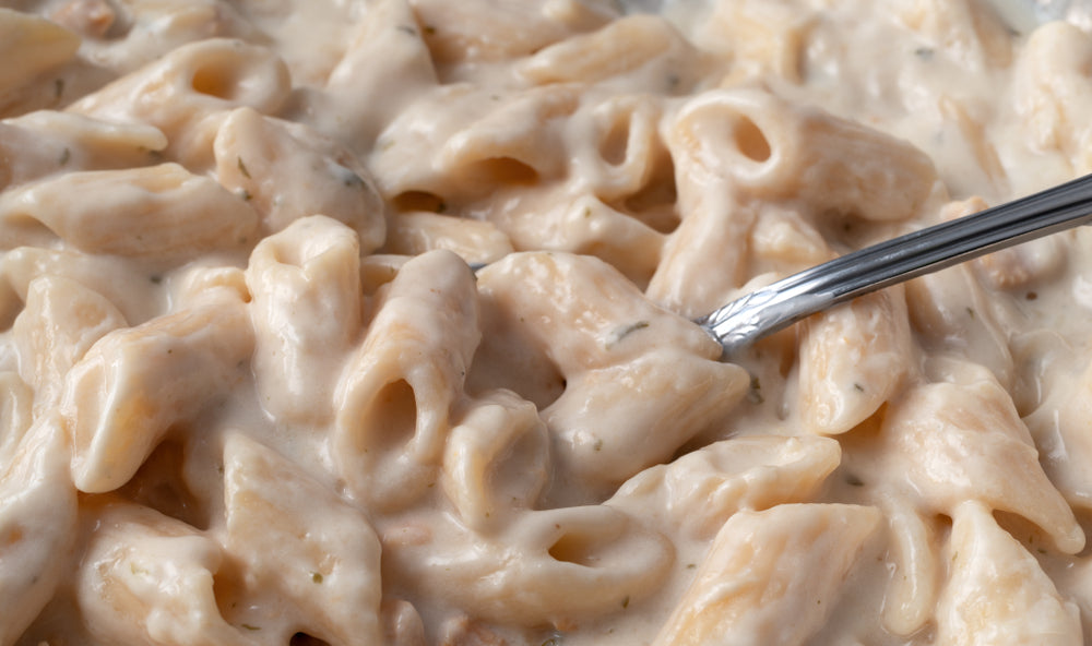 The handle of a silver fork sticks out form a large plate of penne pasta covered with thick creamy alfredo sauce