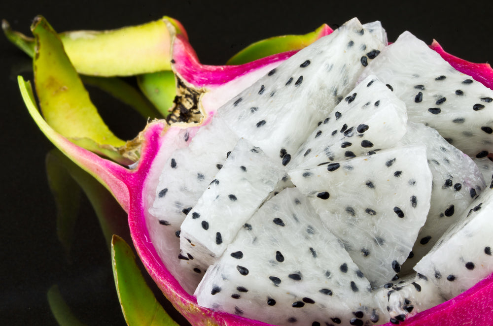 A close up of diced dragon fruit