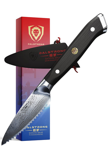 Dalstrong Chef's Knife - Shogun Series - Damascus - Japanese AUS-10V Super Steel - Vacuum Treated (7.5 inch Serrated Chef Knife, Black)