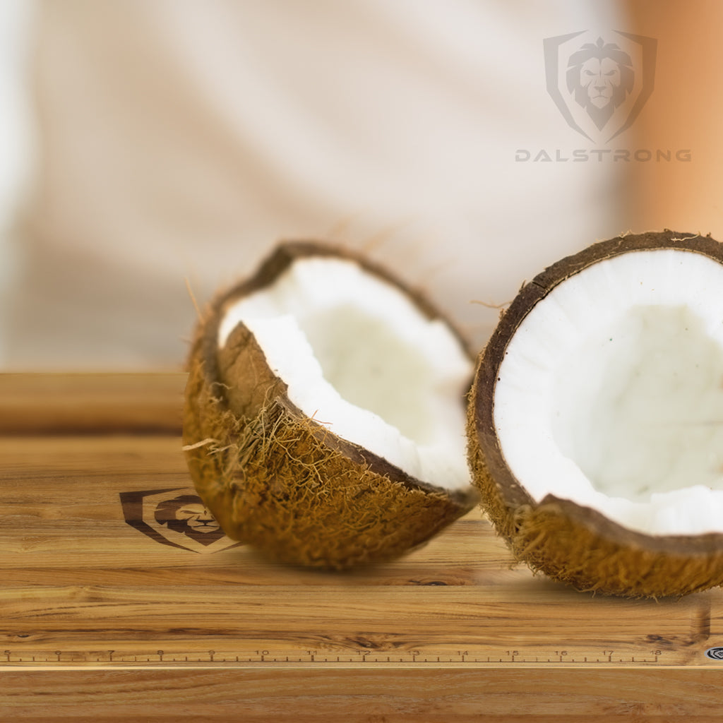 opened coconut on top of cutting board