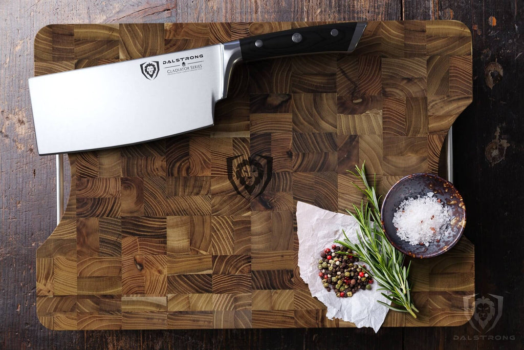 cutting board with cleaver knife sitting on it