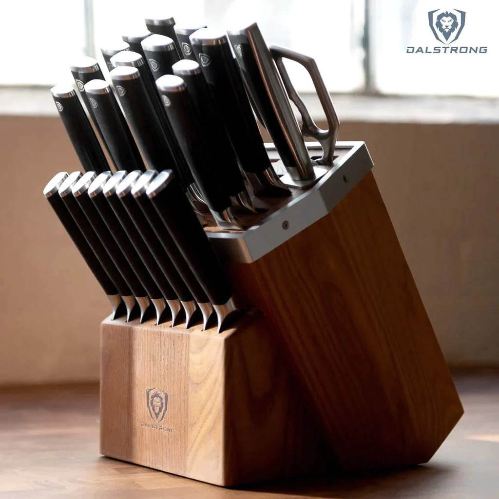 A close-up photo of the 24-Piece Knife Block Set | Vanquish Series | NSF Certified | Dalstrong