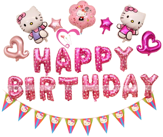 Happy Birthday Hello Kitty Pink Hearts Flowers Balloon Set Superaprons