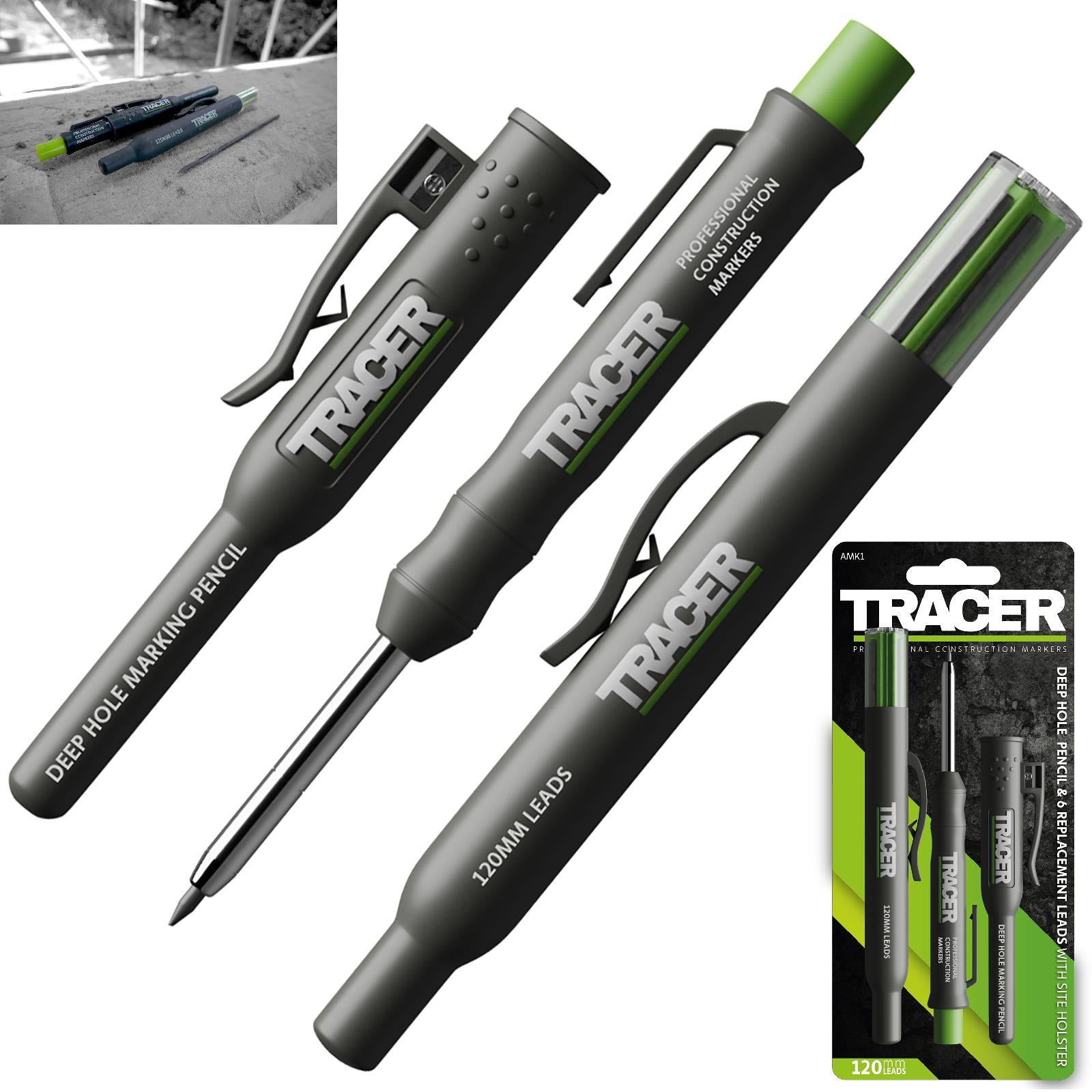 TRACER ProScribe Tool with Deep Hole Pencil, 6X Replacement Lead Holster  and Carry Case (Multi-Function Scribe Tool)