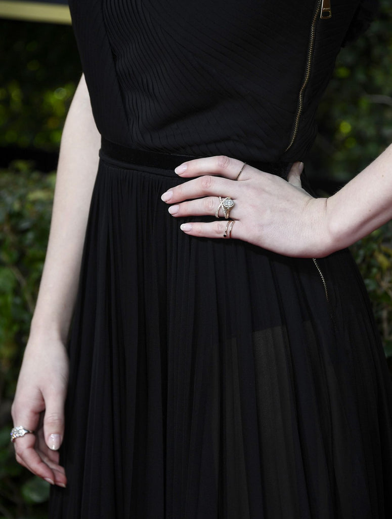 Rachel Brosnahan at Golden Globes Red Carpet Wearing Shiffon Co Duet Pinky Ring Jewelry