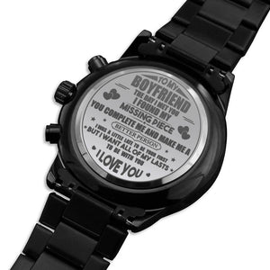 For Boyfriend: Engraved Design Black Chronograph Watch (You Complete Me)