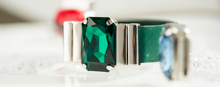 Bratara Cristal swarovski Emerald & Curea PIiele Verde Crud