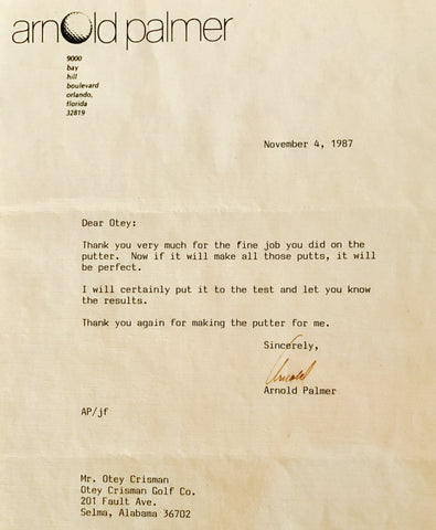 PGA legend Arnold Palmer thanking Otey for the putter