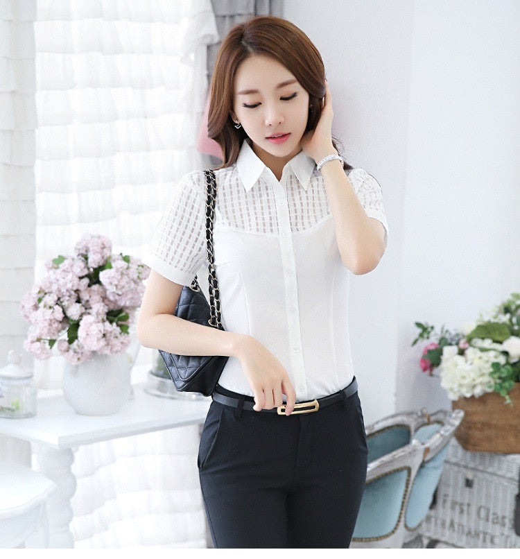 Shirt Wanita Cantik Hollow Out Lengan Pendek Chiffon Slim 