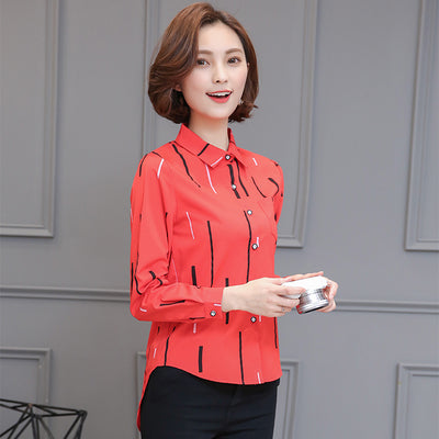 Blouse Wanita Cantik - Striped Print Shirt Chiffon Work 