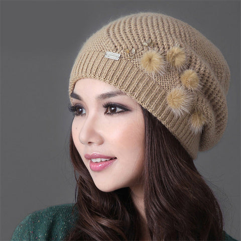 Topi Rajut  Wanita Cantik Double Layer Rabbit Hair 