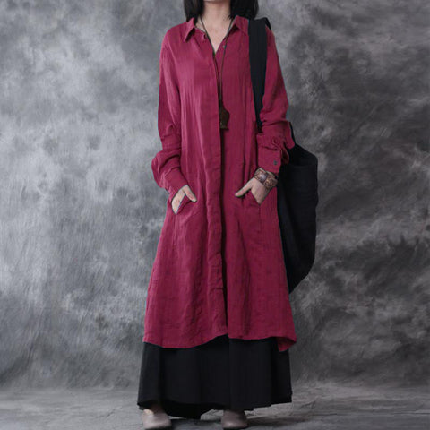 Dress Wanita Panjang Longgar Cotton Linen Solid Vintage