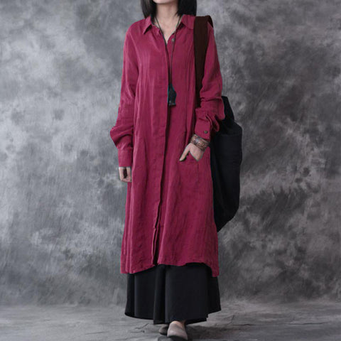 Dress Wanita Panjang Longgar Cotton Linen Solid Vintage  