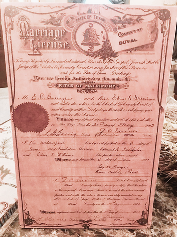 Marriage license from 1903 printed on wood by The Broken Plank