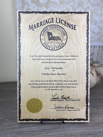 Marriage Certificate printed on wood by The Broken Plank.