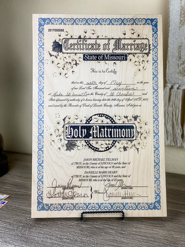 Marriage certificate printed on wood by The Broken Plank.