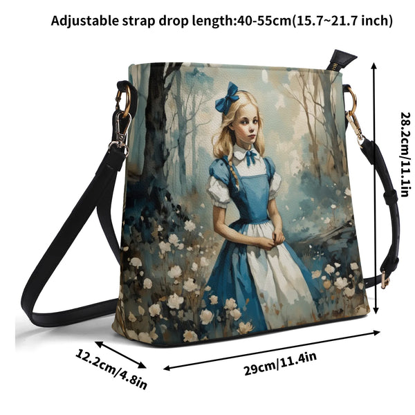 Alice In Wonderland Dark and Whimsical Womens Vegan Bucket Bag Shoulder Bag Size Chart