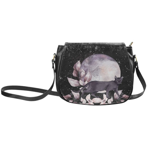 witchy black cat and full moon saddlebag purse
