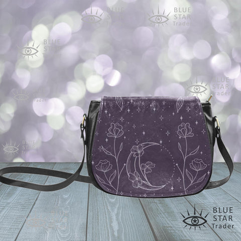 purple witchy purse, crossbody saddlebag with moon and flowers