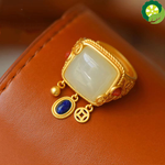 natural Hetian jade square tassel retro niche palace ethnic style opening adjustable ring